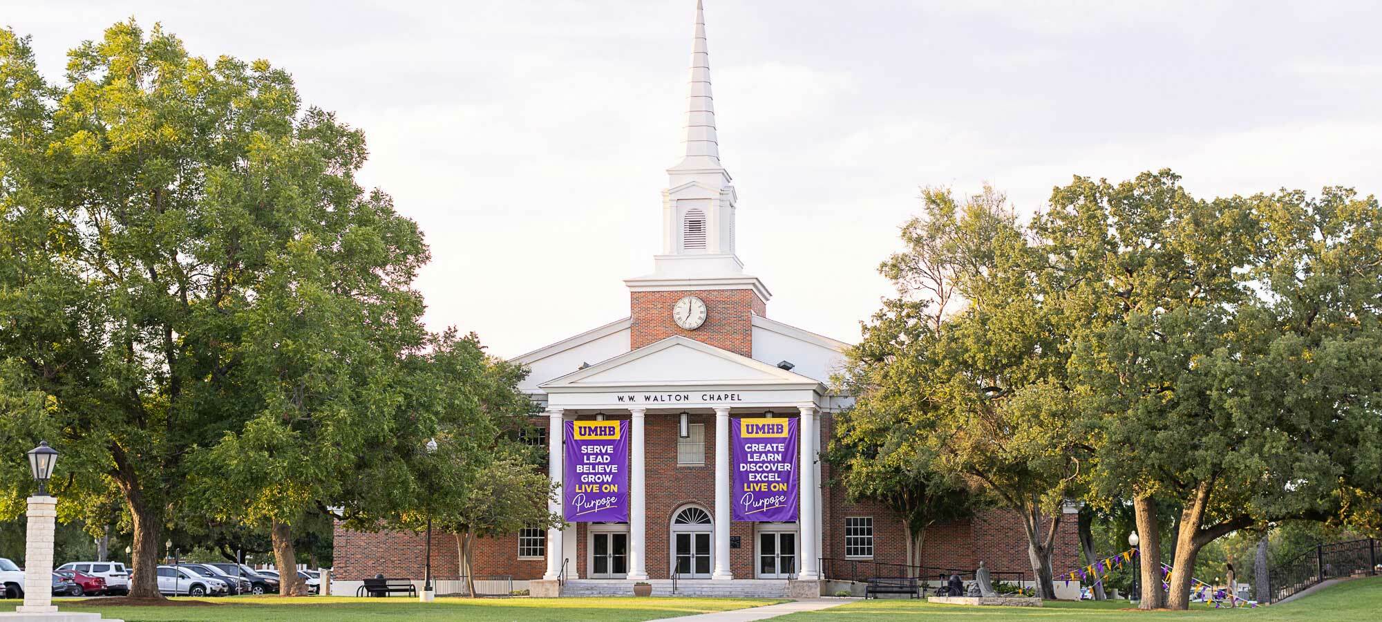 Christian University in Texas | UMHB | Walton Chapel | with Live on purpose banners